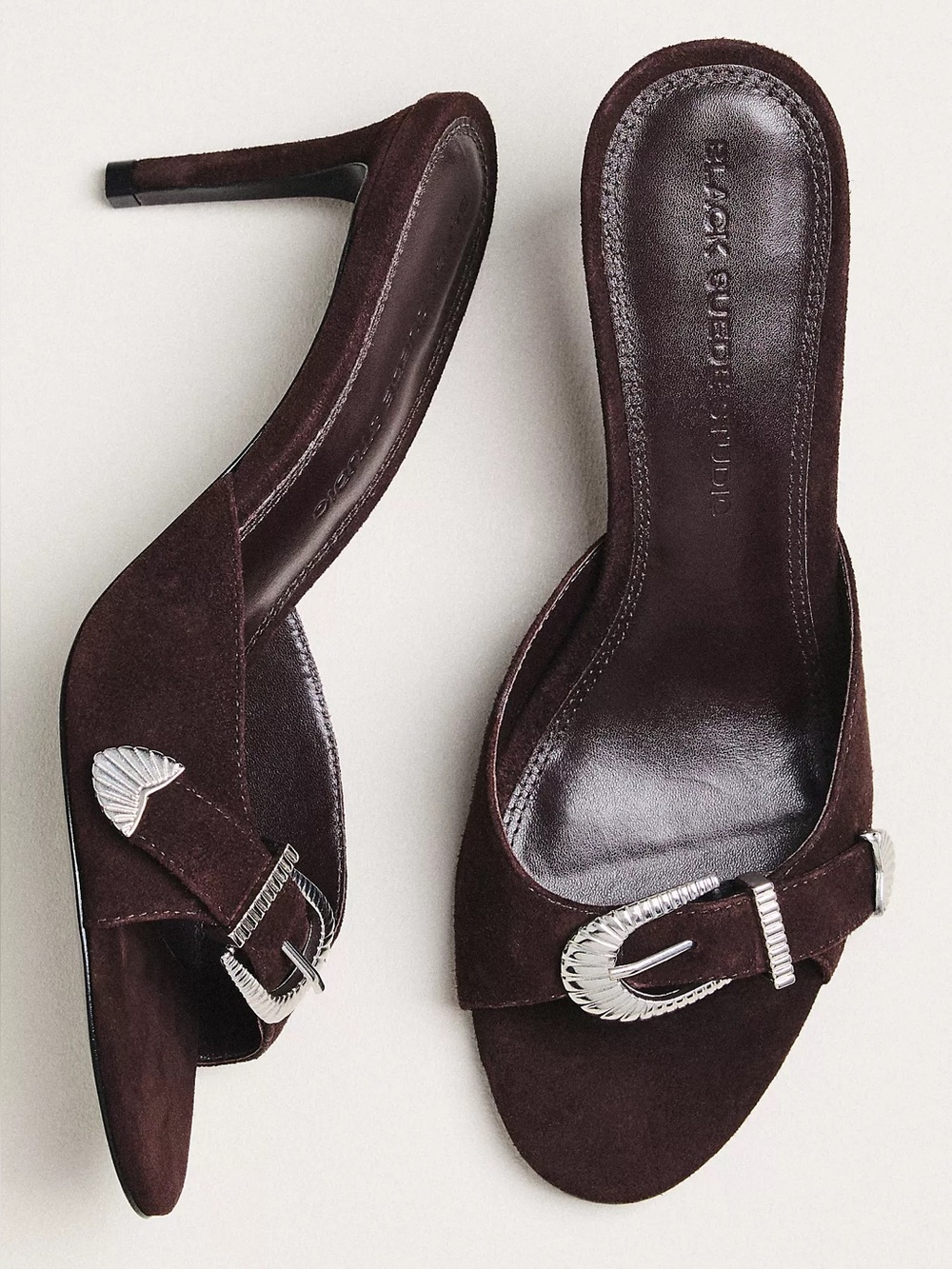 Black Suede Studio Elena Buckle Mule Heels - Picture 1 of 7